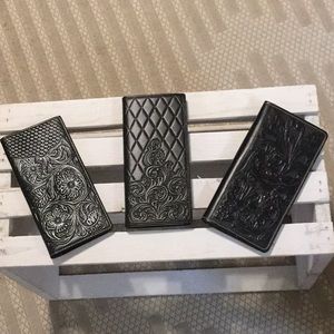 New Black Genuine Leather Tooled Long Wallet